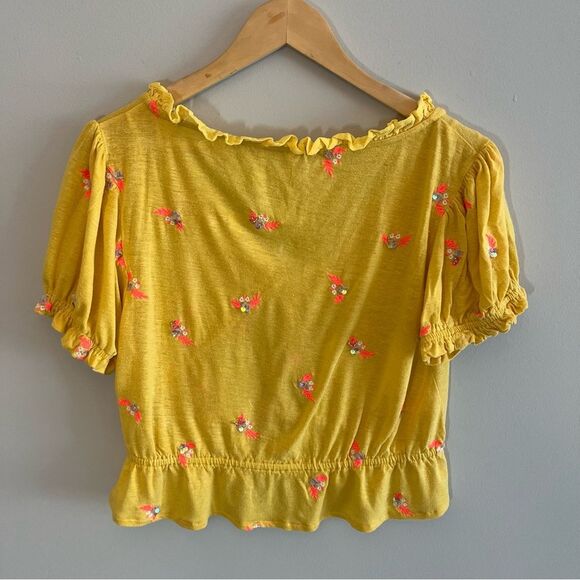 Free People Full Bloom Yellow Floral Ruffle Women's Short Sleeve Top Size Medium - Picture 2 of 7